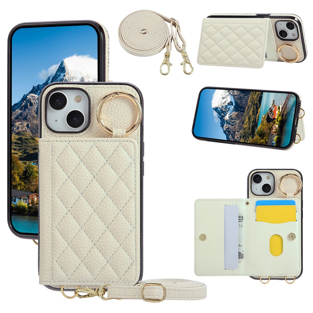 For iPhone 15 Case Kickstand Rhombus Leather + TPU Phone Cover with Shoulder Strap - Beige