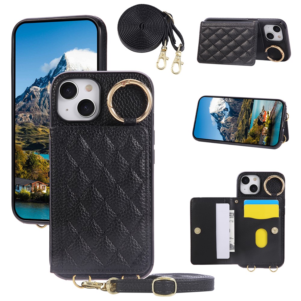 For iPhone 15 Case Kickstand Rhombus Leather + TPU Phone Cover with Shoulder Strap - Black