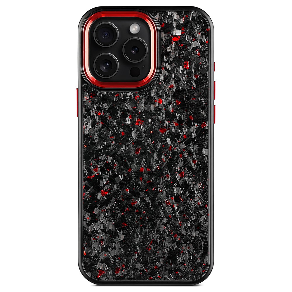 For iPhone 16 Pro Max Magnetic Case Forged Texture Aramid Fiber + TPU Phone Cover with Metal Lens Frame - Red Lens Frame + Red