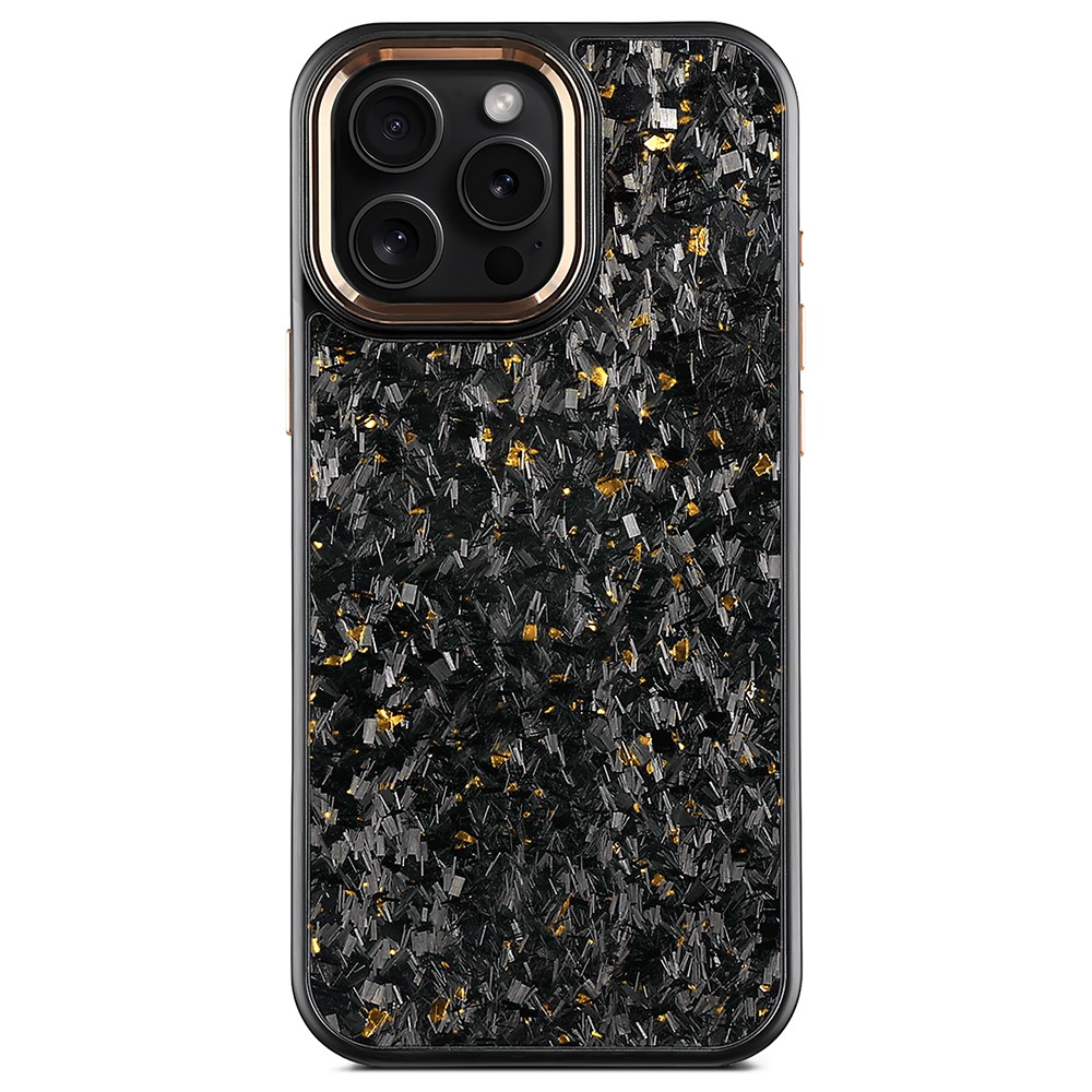 For iPhone 16 Pro Max Magnetic Case Forged Texture Aramid Fiber + TPU Phone Cover with Metal Lens Frame - Gold Lens Frame + Gold