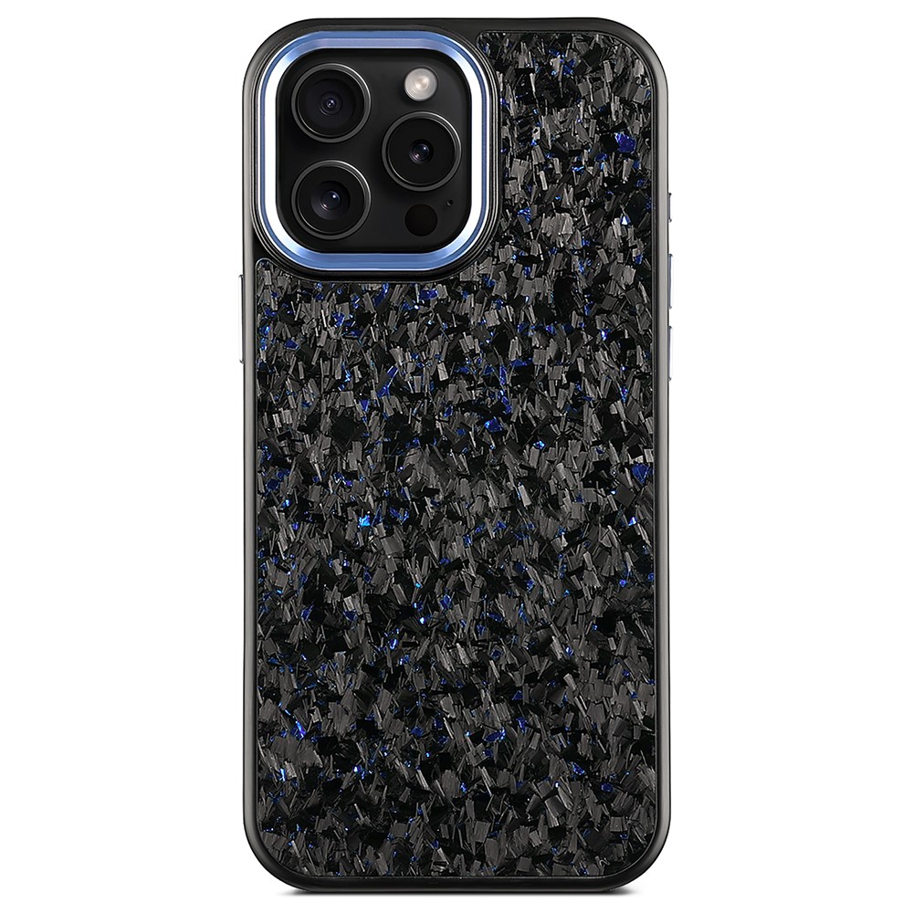 For iPhone 16 Pro Max Magnetic Case Forged Texture Aramid Fiber + TPU Phone Cover with Metal Lens Frame - Blue Lens Frame + Blue