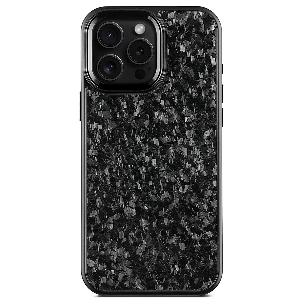 For iPhone 16 Pro Max Magnetic Case Forged Texture Aramid Fiber + TPU Phone Cover with Metal Lens Frame - Black Lens Frame + Black