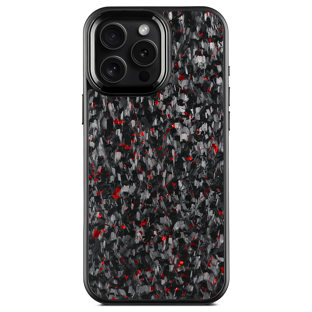 For iPhone 16 Pro Max Magnetic Case Forged Texture Aramid Fiber + TPU Phone Cover with Metal Lens Frame - Black Lens Frame + Red