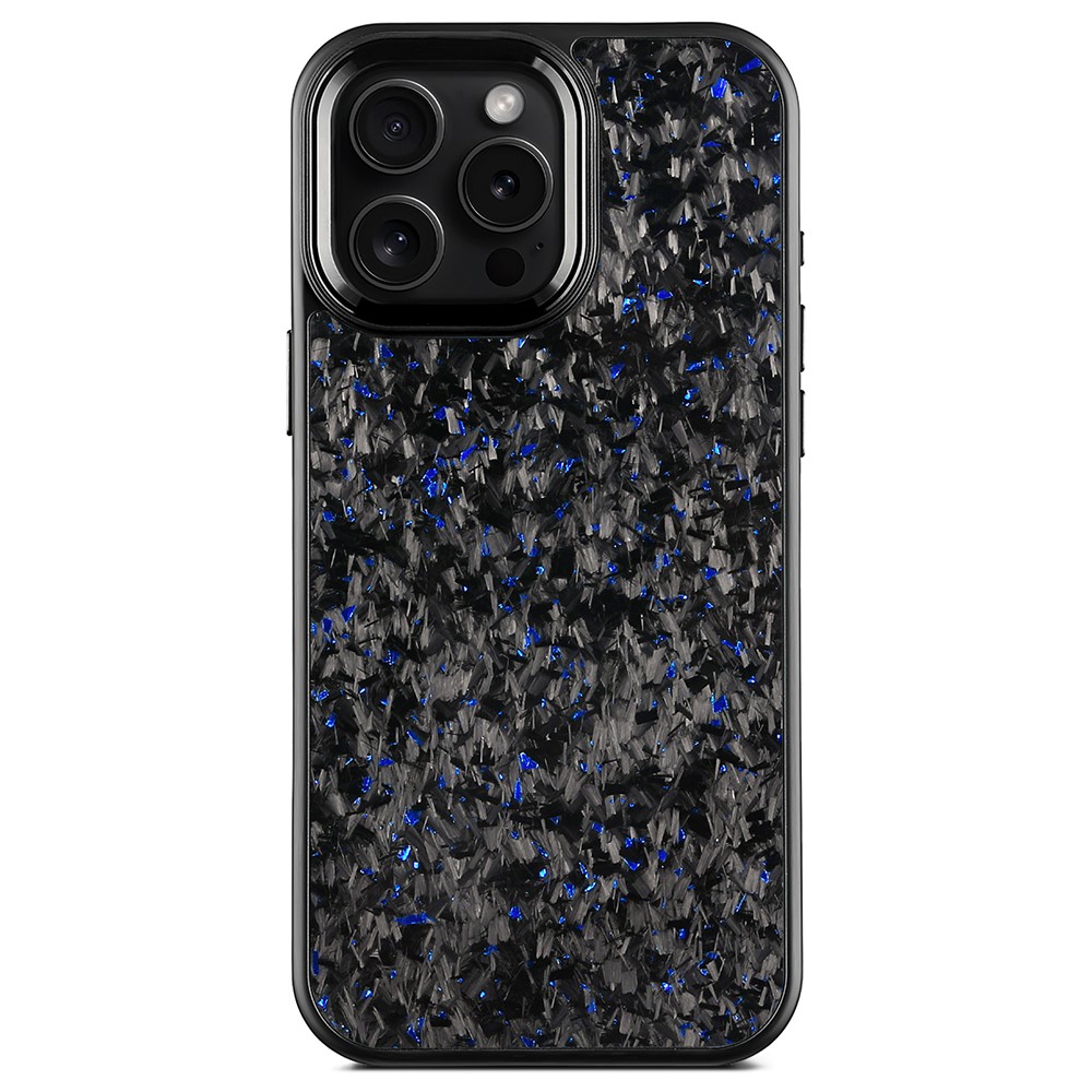 For iPhone 16 Pro Max Magnetic Case Forged Texture Aramid Fiber + TPU Phone Cover with Metal Lens Frame - Black Lens Frame + Blue