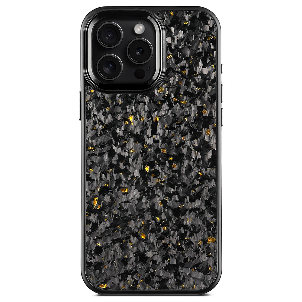 For iPhone 16 Pro Max Magnetic Case Forged Texture Aramid Fiber + TPU Phone Cover with Metal Lens Frame - Black Lens Frame + Gold