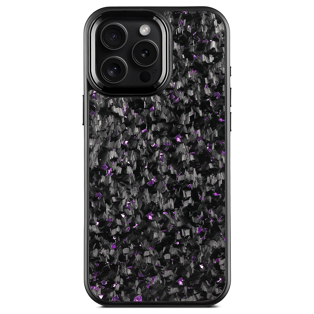 For iPhone 16 Pro Max Magnetic Case Forged Texture Aramid Fiber + TPU Phone Cover with Metal Lens Frame - Black Lens Frame + Purple