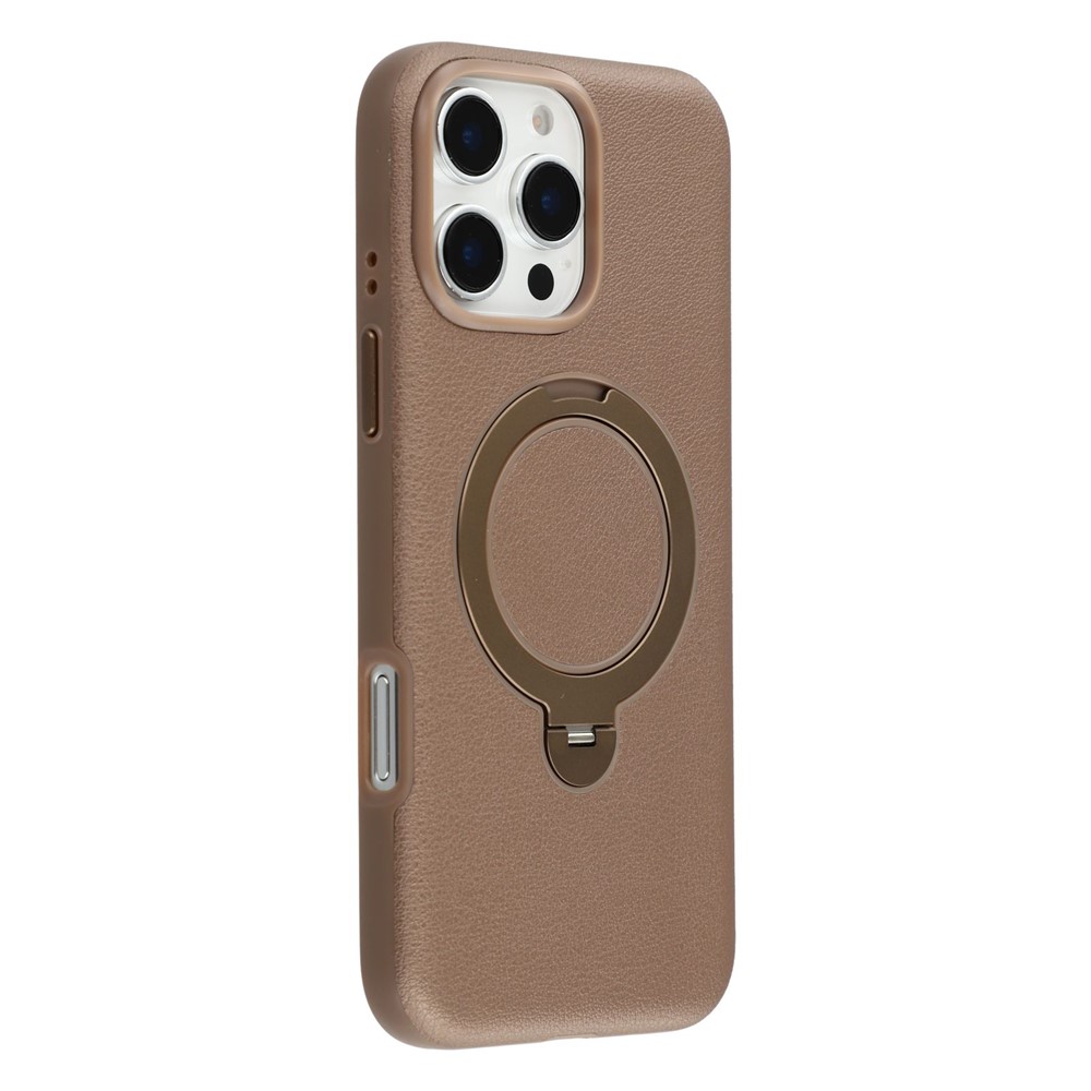 KIGC For iPhone 16 Pro Max Magnetic Case PC + PU Kickstand Phone Back Cover with Soft Lining - Brown