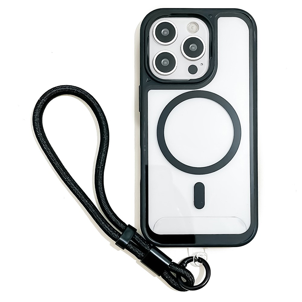 For iPhone 16 Pro Max Case Magnetic Case with Strap PC + TPU Shockproof Phone Cover - Black