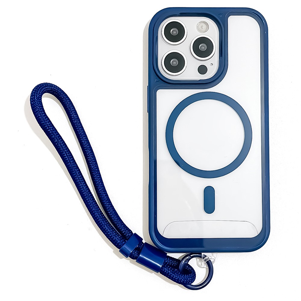 For iPhone 16 Pro Max Case Magnetic Case with Strap PC + TPU Shockproof Phone Cover - Sapphire