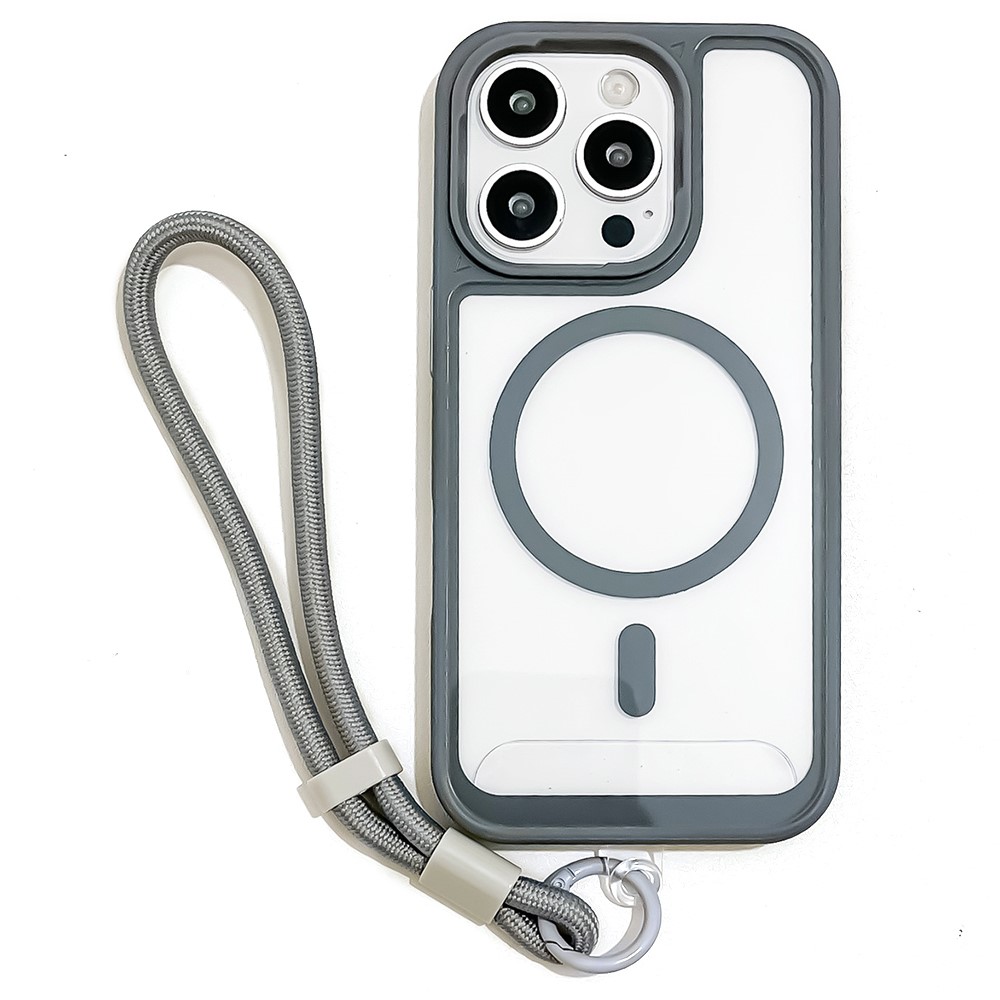 For iPhone 16 Pro Max Case Magnetic Case with Strap PC + TPU Shockproof Phone Cover - Grey