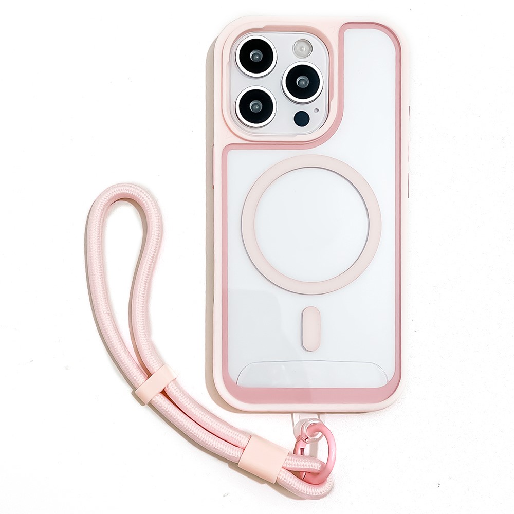 For iPhone 16 Pro Max Case Magnetic Case with Strap PC + TPU Shockproof Phone Cover - Pink