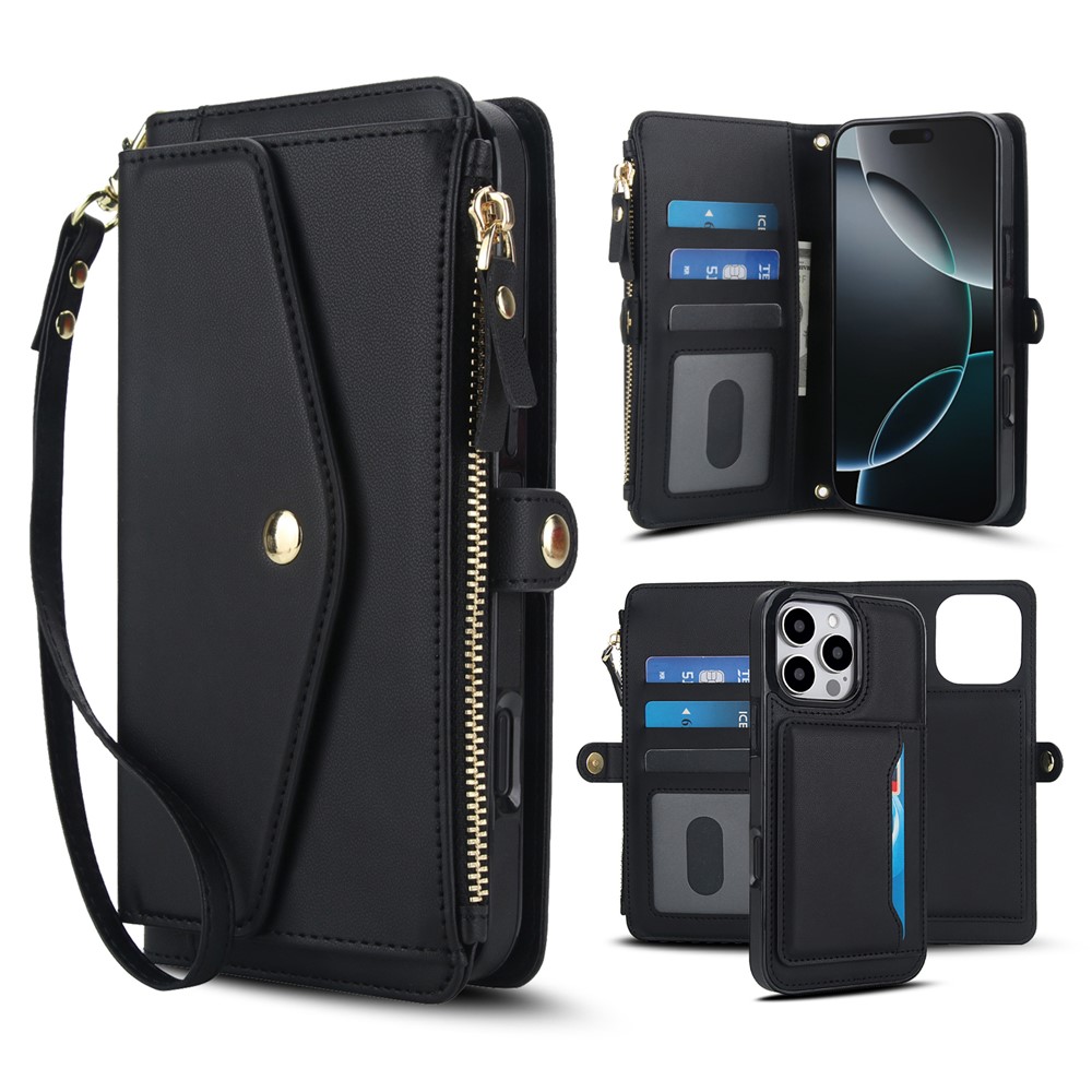 For iPhone 16 Pro Max Wallet Case Magnetic Detachable PU Leather Phone Cover with 2 Straps - Black