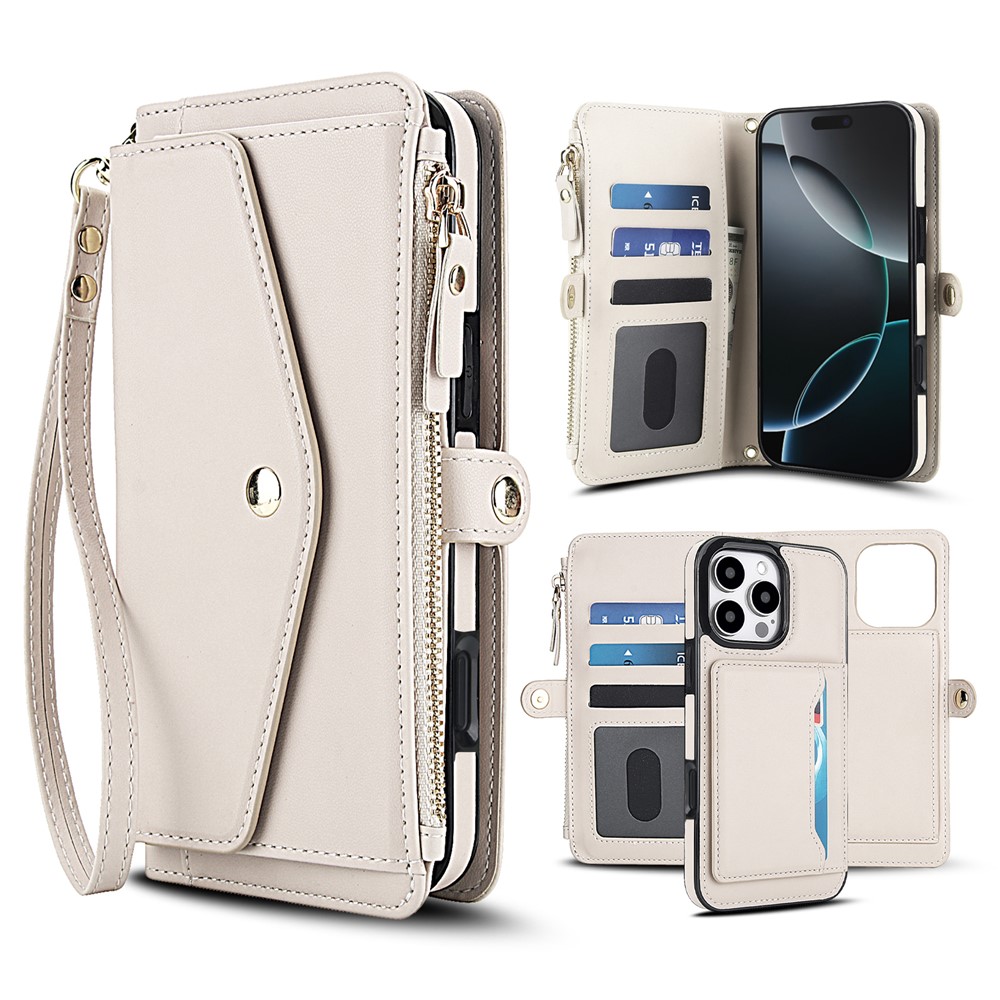 For iPhone 16 Pro Max Wallet Case Magnetic Detachable PU Leather Phone Cover with 2 Straps - White