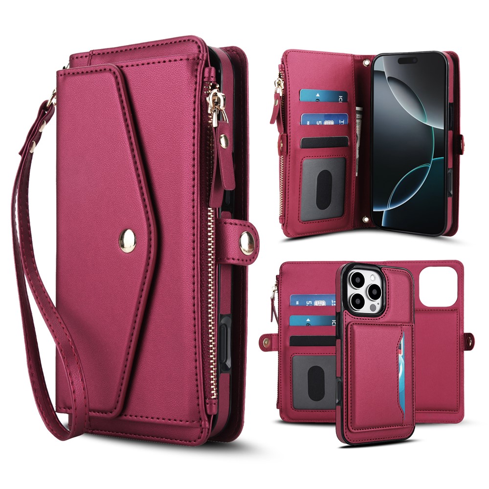 For iPhone 16 Pro Max Wallet Case Magnetic Detachable PU Leather Phone Cover with 2 Straps - Red