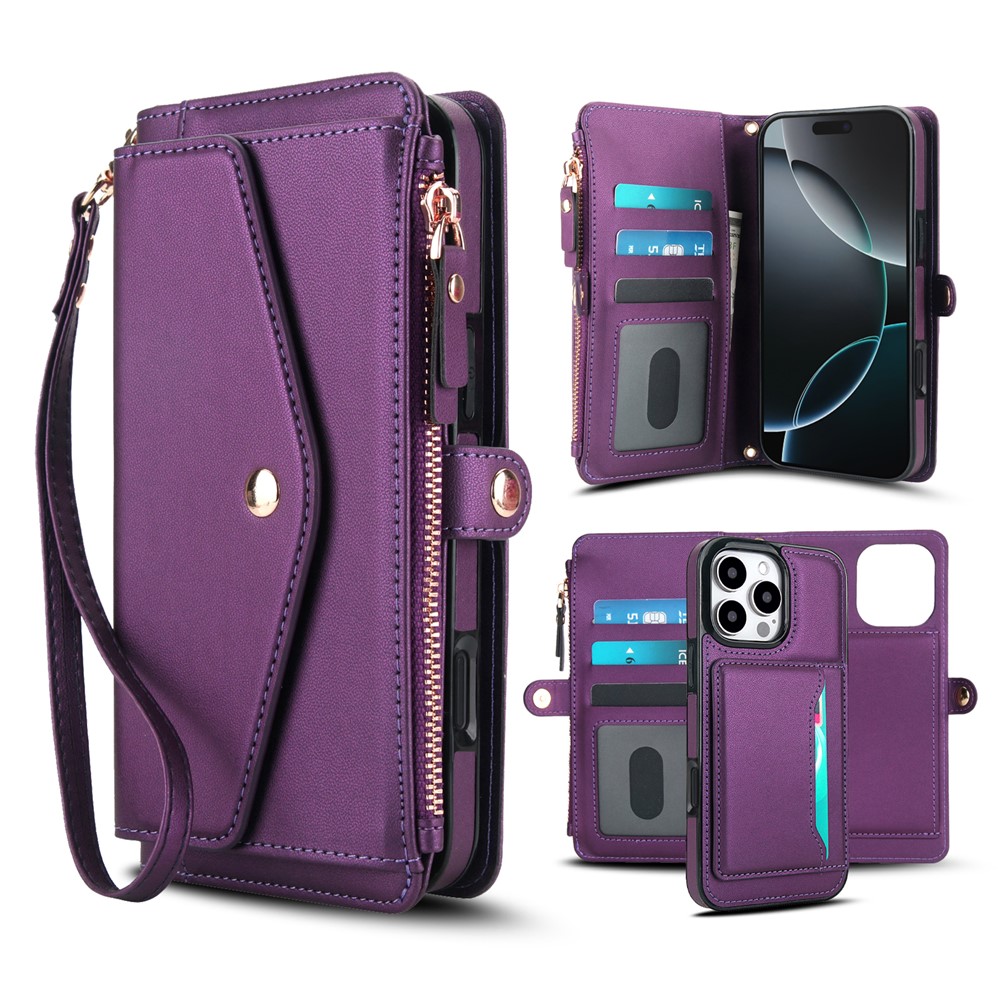 For iPhone 16 Pro Max Wallet Case Magnetic Detachable PU Leather Phone Cover with 2 Straps - Purple