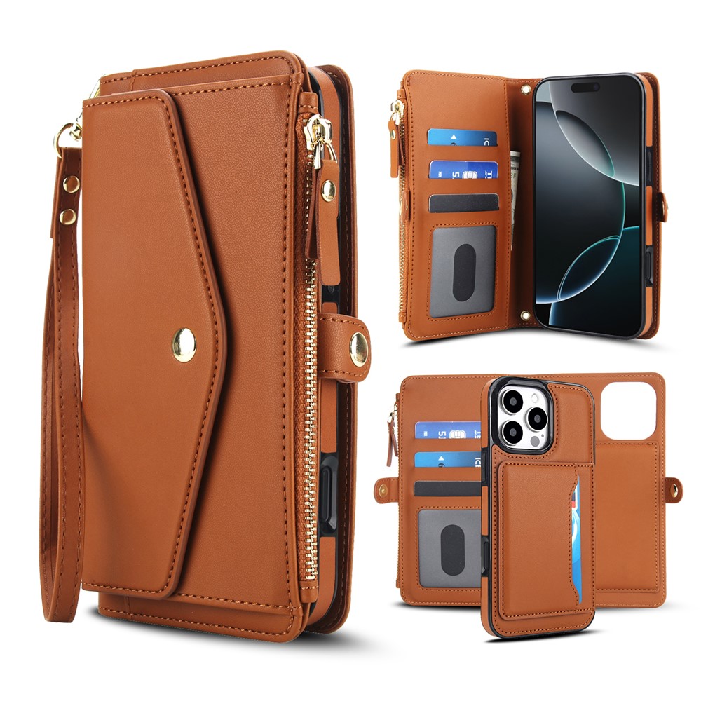 For iPhone 16 Pro Max Wallet Case Magnetic Detachable PU Leather Phone Cover with 2 Straps - Brown