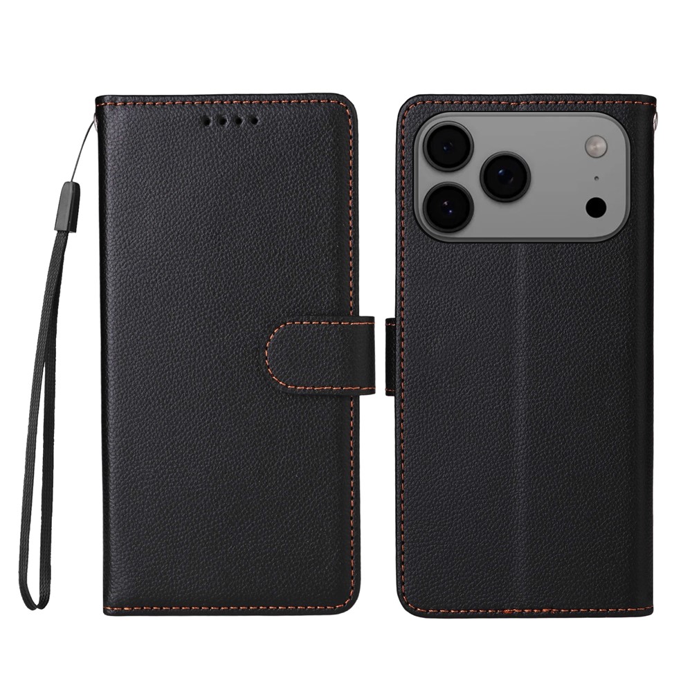 For iPhone 17 Pro Max Case RFID Blocking 3 Card Slots PU Leather Phone Cover with Wrist Strap - Black