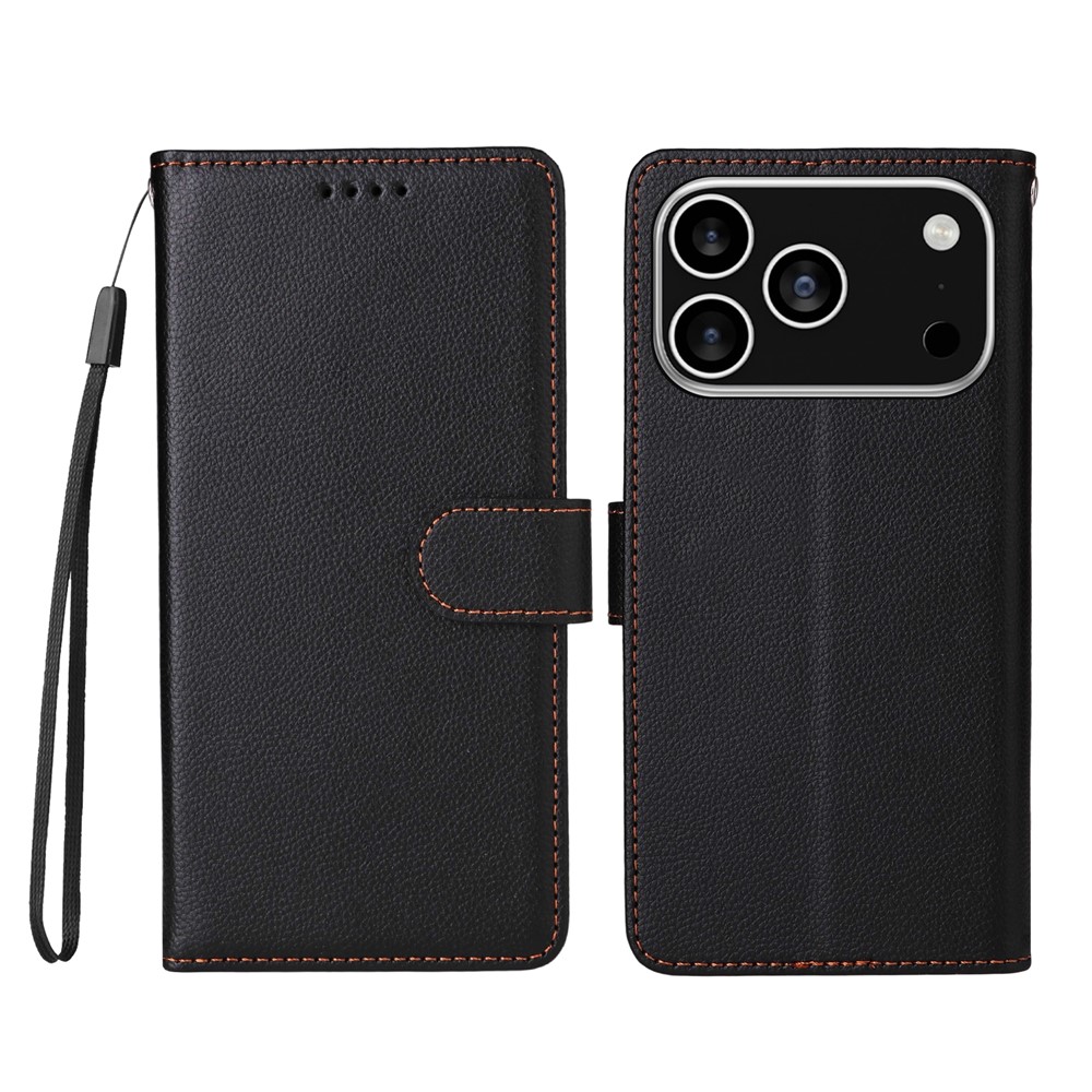 For iPhone 17 Pro Case RFID Blocking 3 Card Slots PU Leather Phone Cover with Wrist Strap - Black