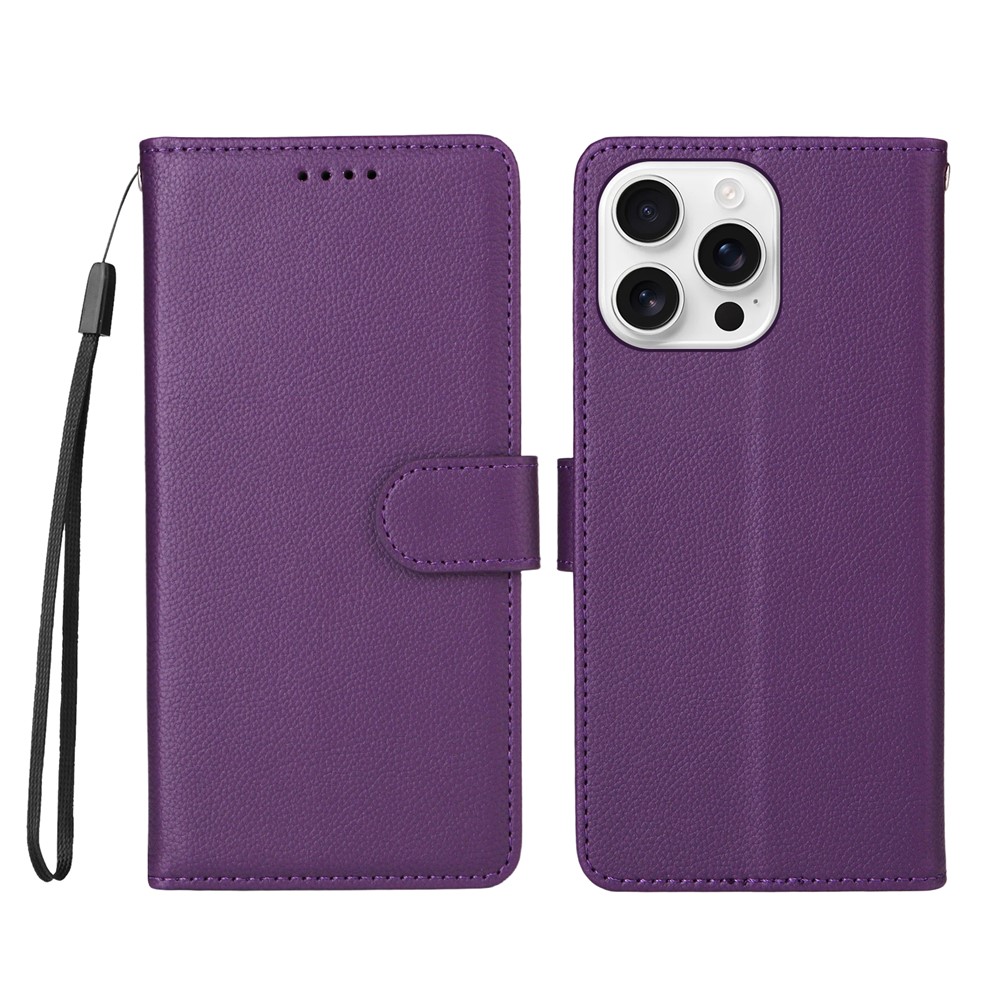 For iPhone 16 Pro Max Case RFID Blocking 3 Card Slots PU Leather Phone Cover with Wrist Strap - Purple
