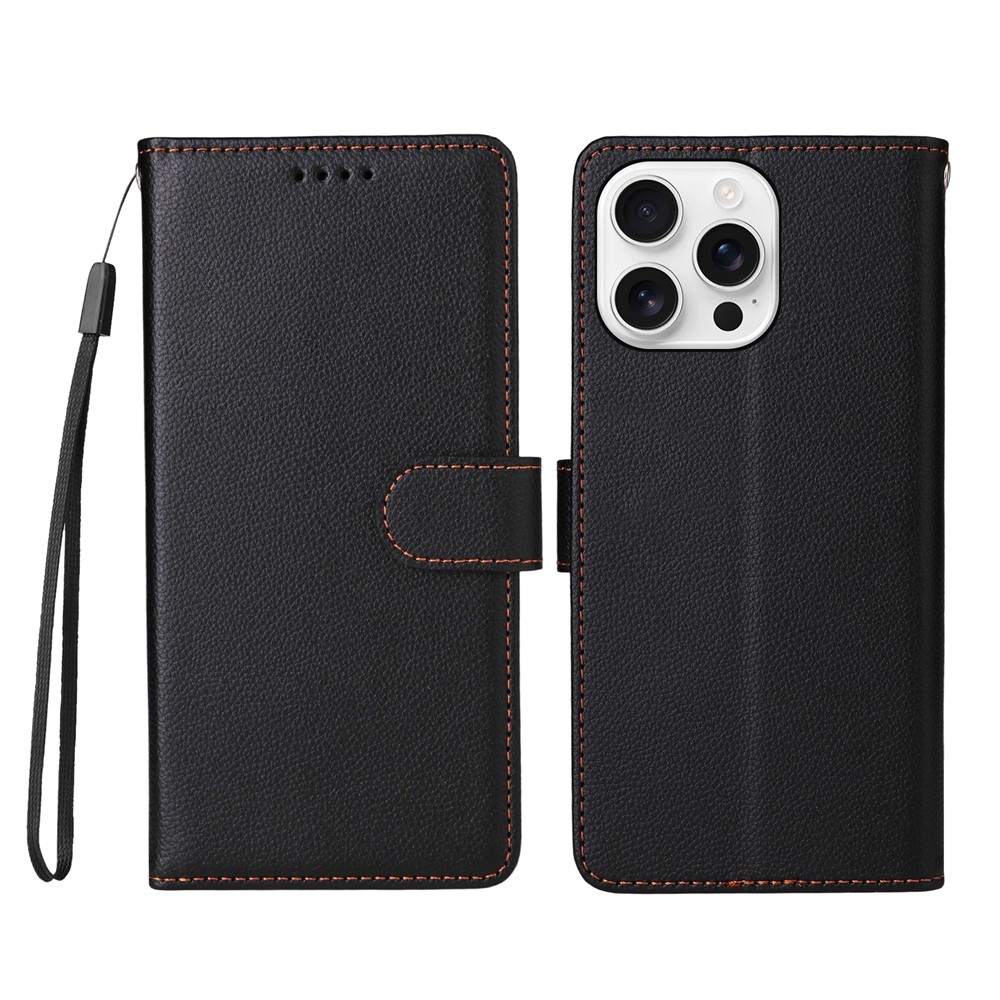 For iPhone 16 Pro Max Case RFID Blocking 3 Card Slots PU Leather Phone Cover with Wrist Strap - Black