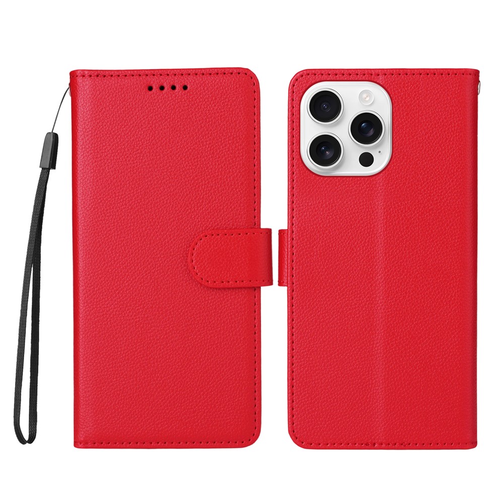 For iPhone 16 Pro Max Case RFID Blocking 3 Card Slots PU Leather Phone Cover with Wrist Strap - Red