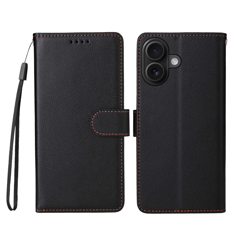 For iPhone 16 Plus Case RFID Blocking 3 Card Slots PU Leather Phone Cover with Wrist Strap - Black