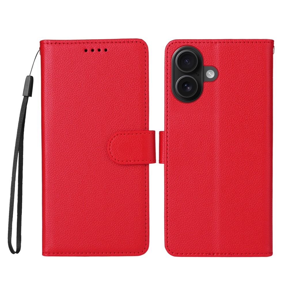 For iPhone 16 Plus Case RFID Blocking 3 Card Slots PU Leather Phone Cover with Wrist Strap - Red
