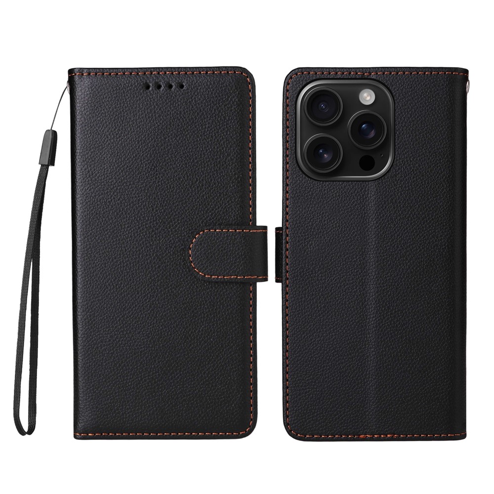 For iPhone 16 Pro Case RFID Blocking 3 Card Slots PU Leather Phone Cover with Wrist Strap - Black