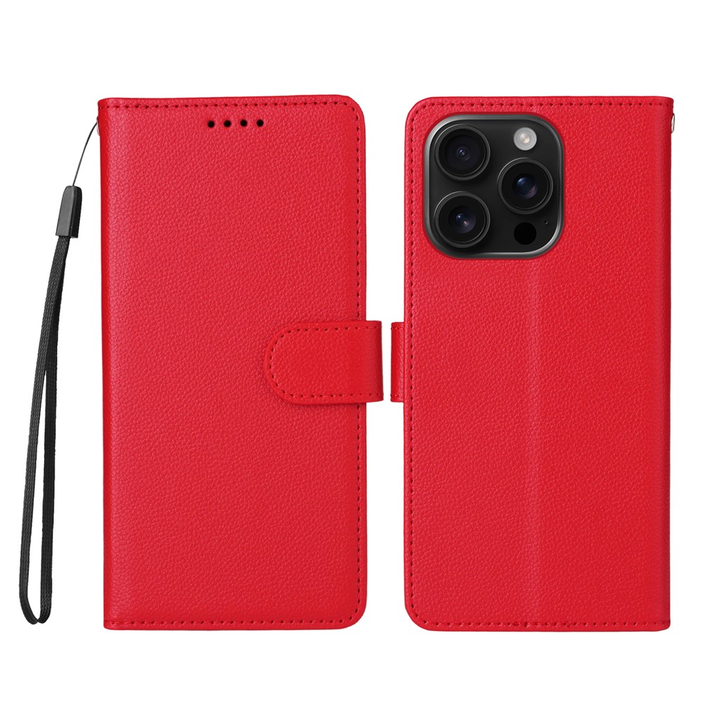 For iPhone 16 Pro Case RFID Blocking 3 Card Slots PU Leather Phone Cover with Wrist Strap - Red