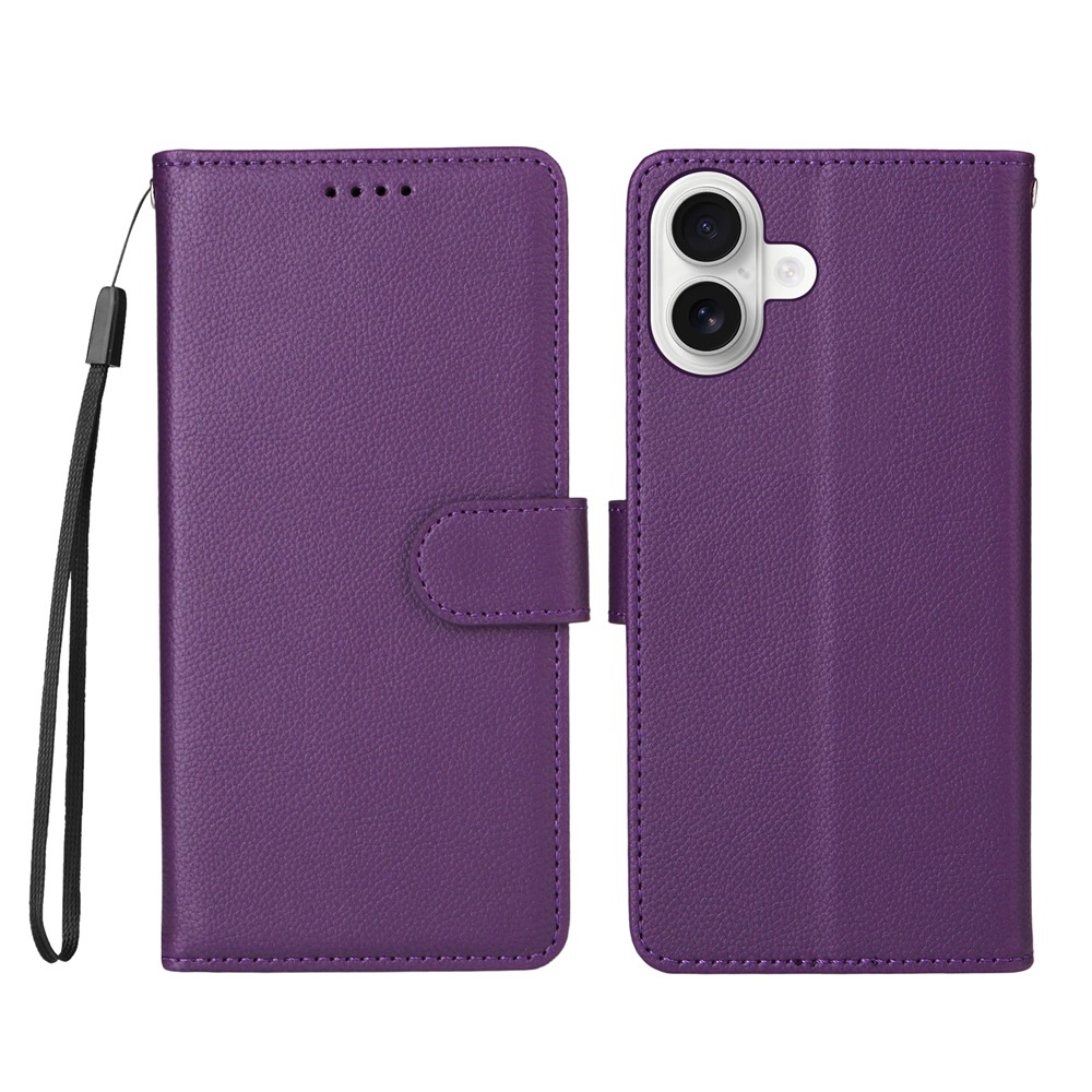 For iPhone 16 Case RFID Blocking 3 Card Slots PU Leather Phone Cover with Wrist Strap - Purple