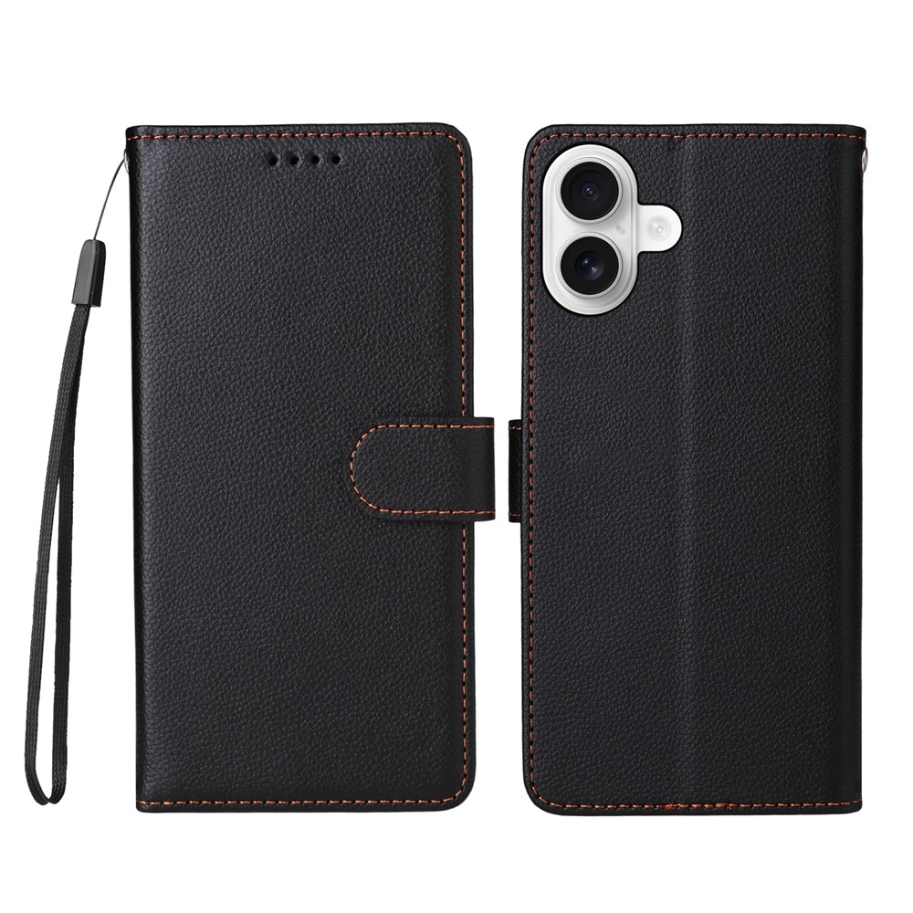 For iPhone 16 Case RFID Blocking 3 Card Slots PU Leather Phone Cover with Wrist Strap - Black