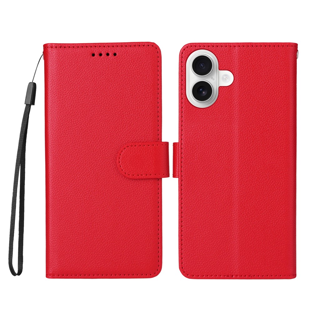For iPhone 16 Case RFID Blocking 3 Card Slots PU Leather Phone Cover with Wrist Strap - Red