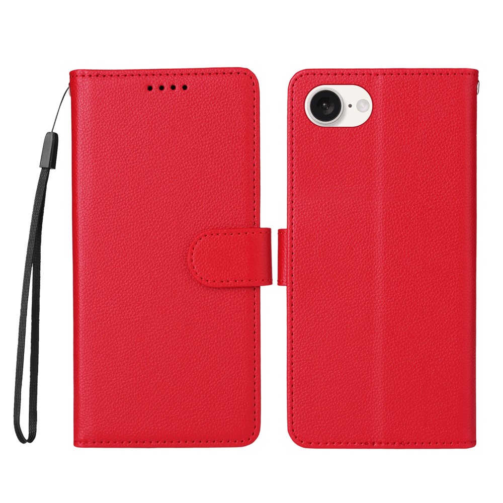 For iPhone 16e Case RFID Blocking 3 Card Slots PU Leather Phone Cover with Wrist Strap - Red