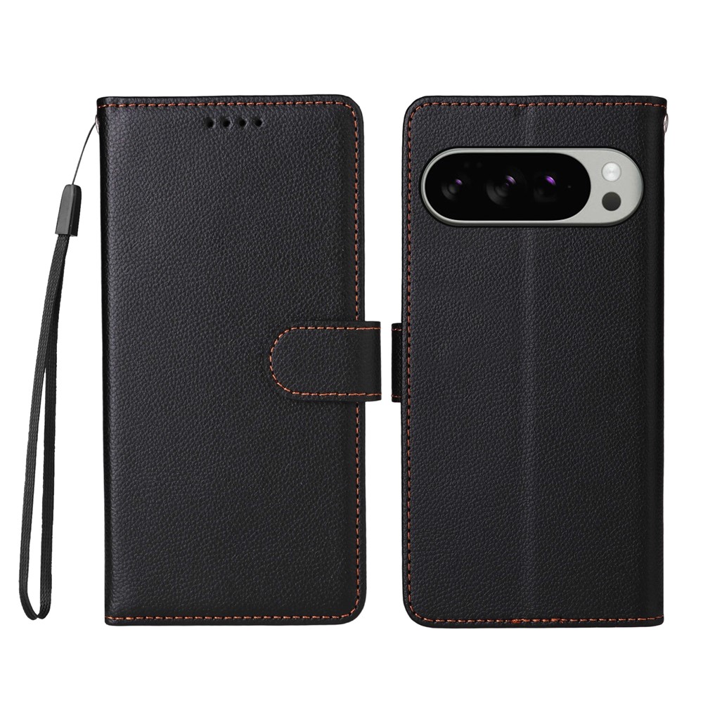 For Google Pixel 9 Pro XL / Google Pixel 10 Pro XL Case RFID Blocking 3 Card Slots PU Leather Phone Cover with Wrist Strap - Black