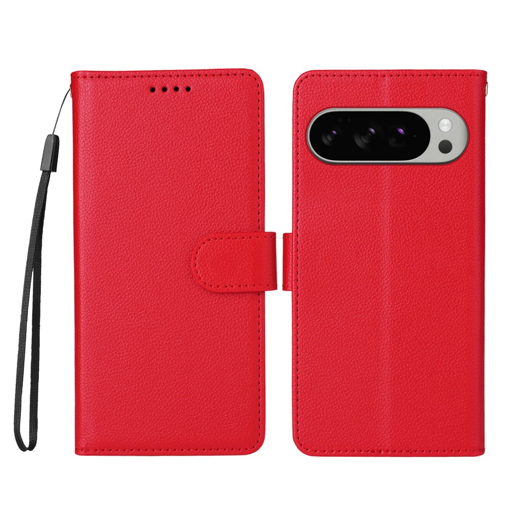 For Google Pixel 9 Pro XL / Google Pixel 10 Pro XL Case RFID Blocking 3 Card Slots PU Leather Phone Cover with Wrist Strap - Red