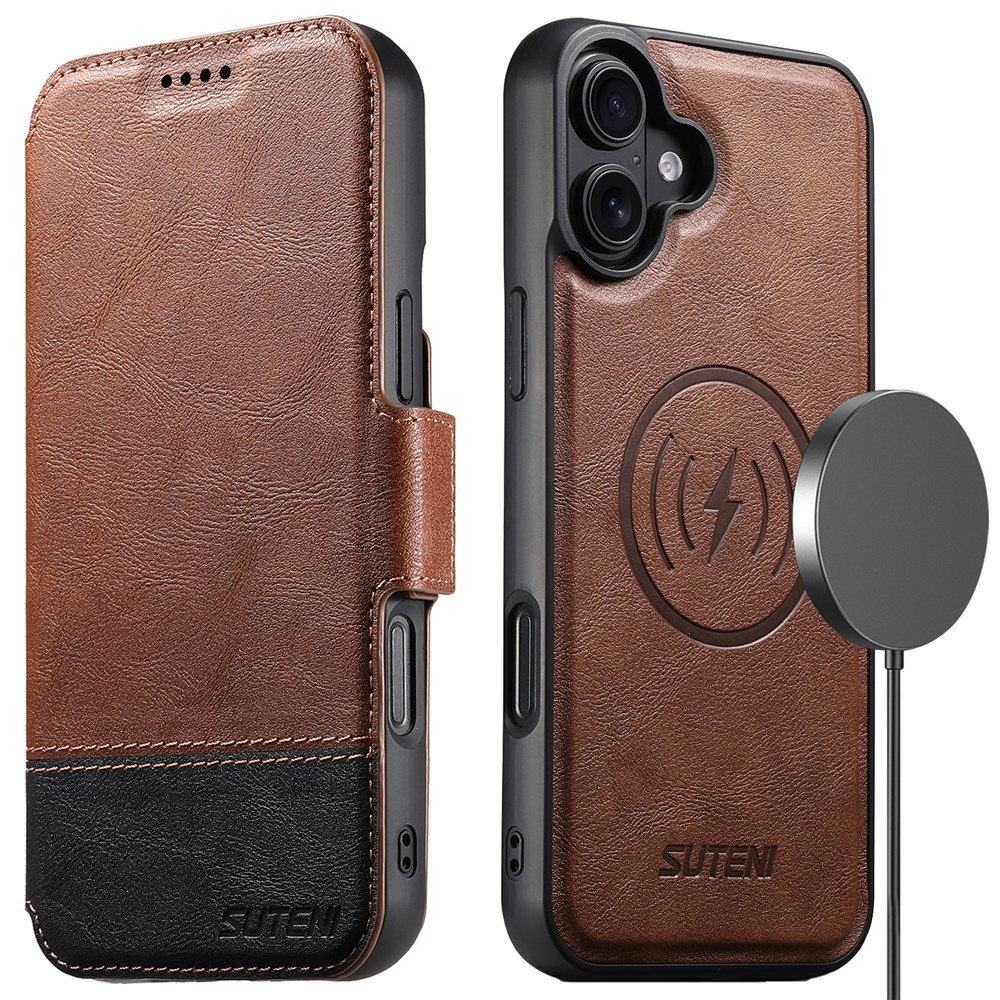 SUTENI Q-06 For iPhone 16 Plus Case Color Splicing Magnetic Detachable Leather Phone Cover - Brown