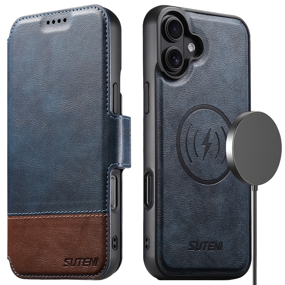 SUTENI Q-06 For iPhone 16 Plus Case Color Splicing Magnetic Detachable Leather Phone Cover - Blue