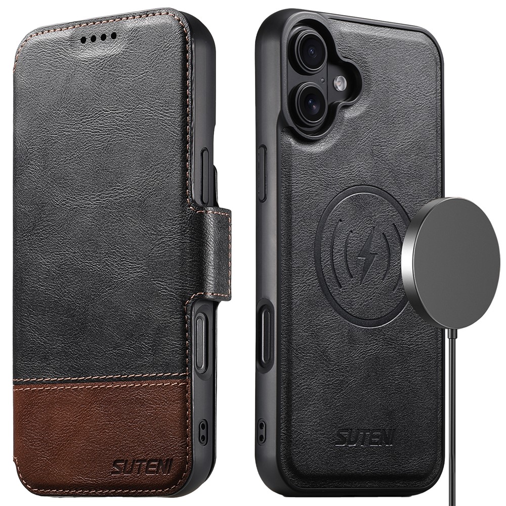 SUTENI Q-06 For iPhone 16 Plus Case Color Splicing Magnetic Detachable Leather Phone Cover - Black