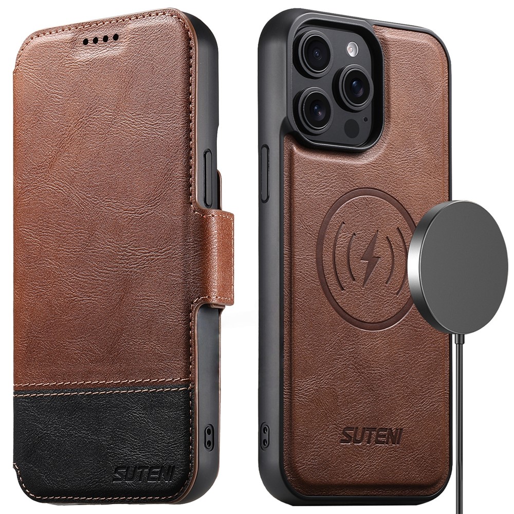SUTENI Q-06 For iPhone 15 Pro Max Case Color Splicing Magnetic Detachable Leather Phone Cover - Brown