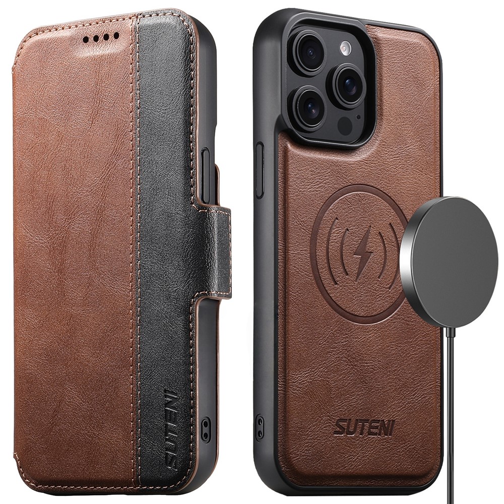 SUTENI Q-07 For iPhone 15 Pro Case Magnetic Color Splicing Cowhide Texture Leather Cover - Brown