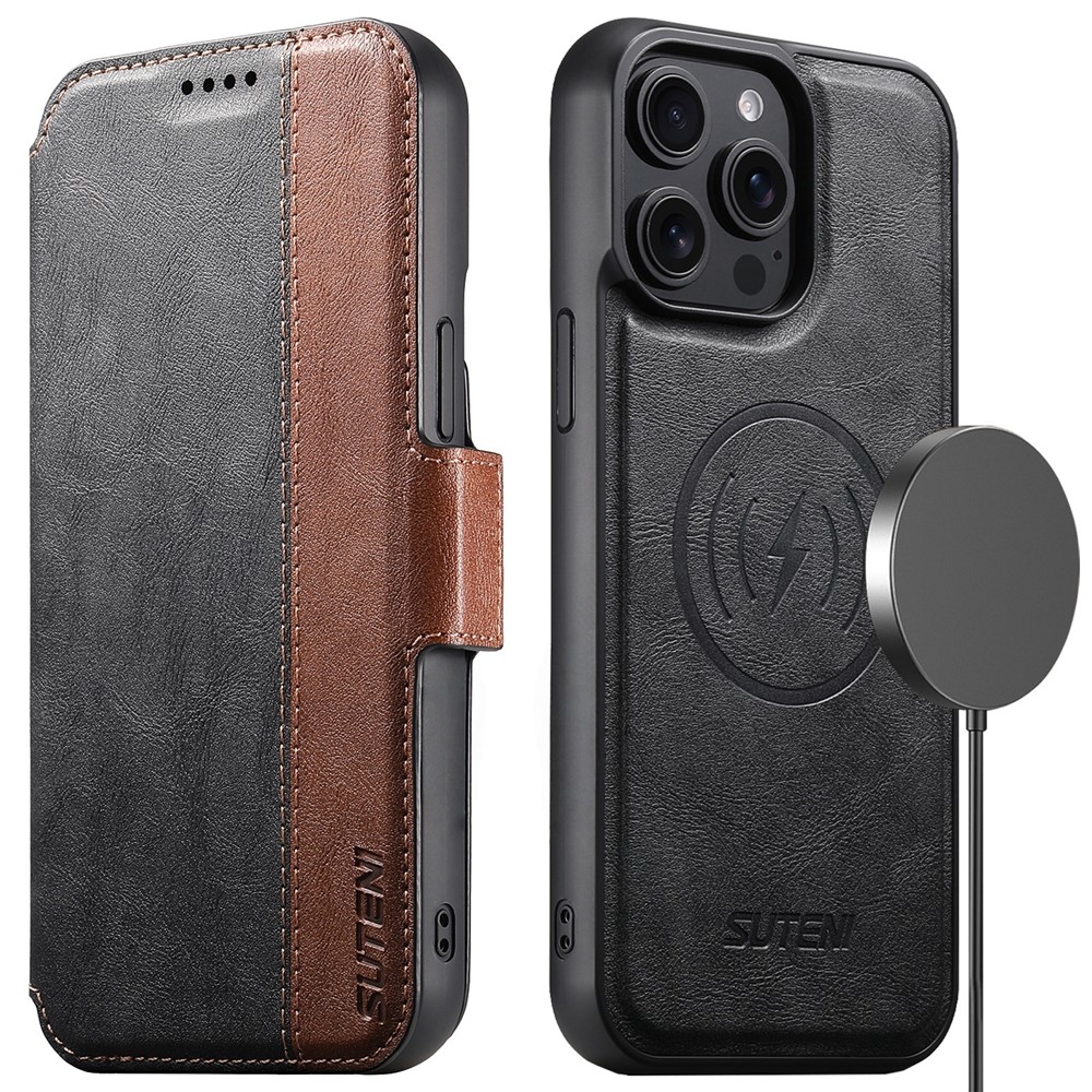 SUTENI Q-07 For iPhone 15 Pro Case Magnetic Color Splicing Cowhide Texture Leather Cover - Black