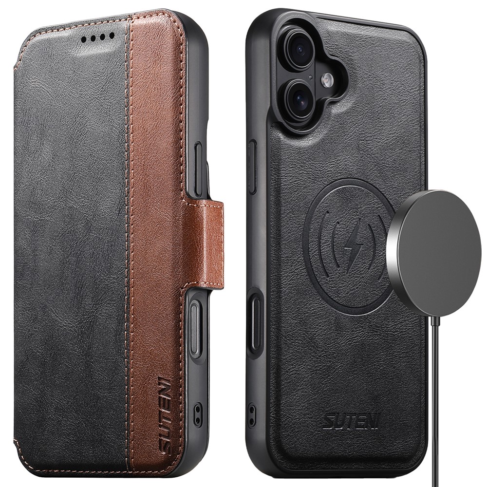SUTENI Q-07 For iPhone 16 Plus Case Magnetic Color Splicing Cowhide Texture Leather Cover - Black