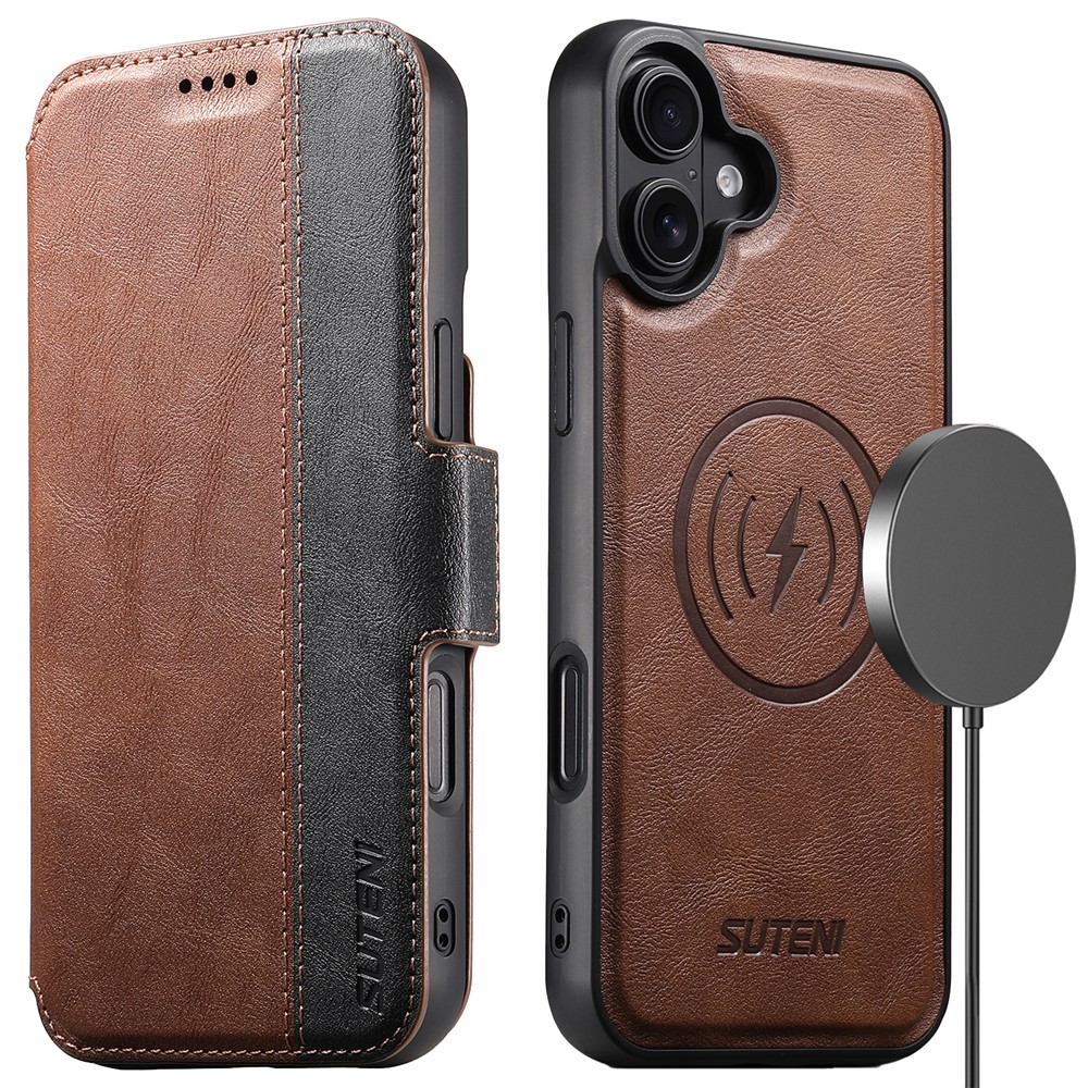 SUTENI Q-07 For iPhone 16 Plus Case Magnetic Color Splicing Cowhide Texture Leather Cover - Brown