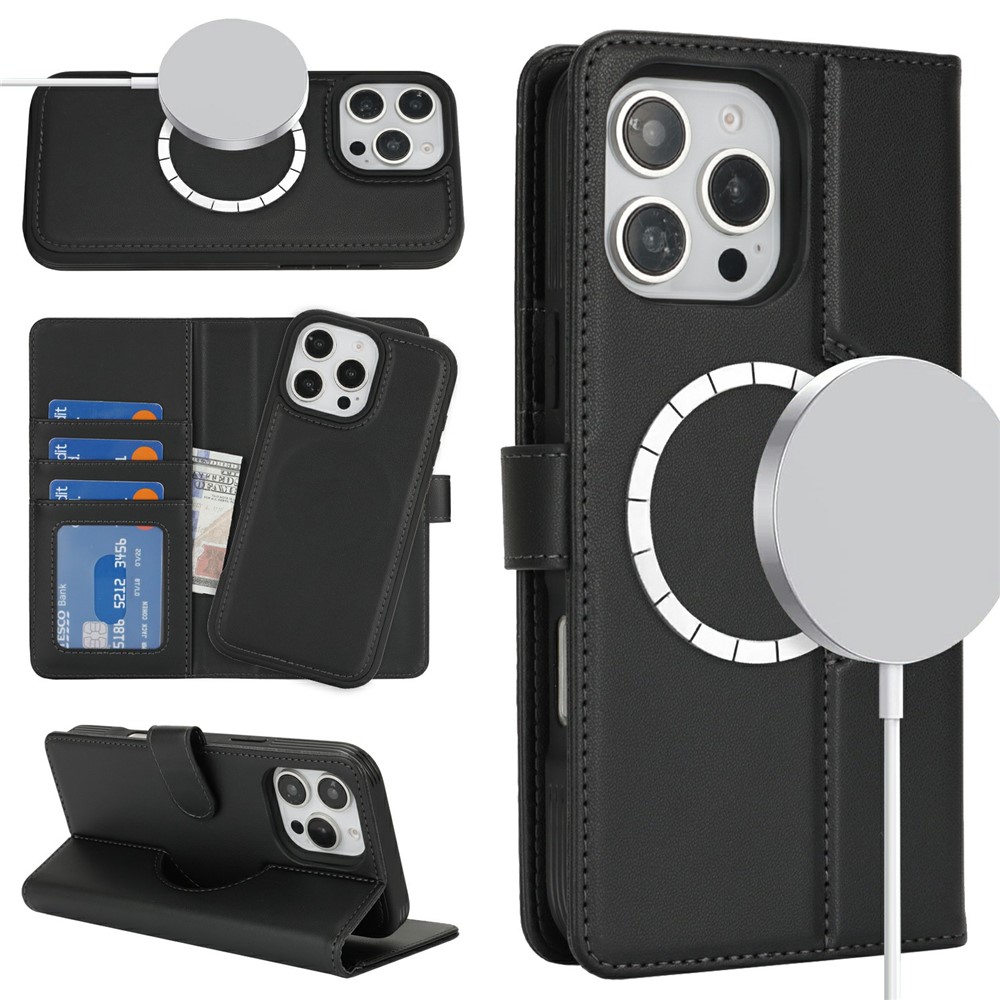 For iPhone 16 Pro Max Wallet Case Compatible with MagSafe Anti-Drop Detachable PU Leather Phone Cover - Black