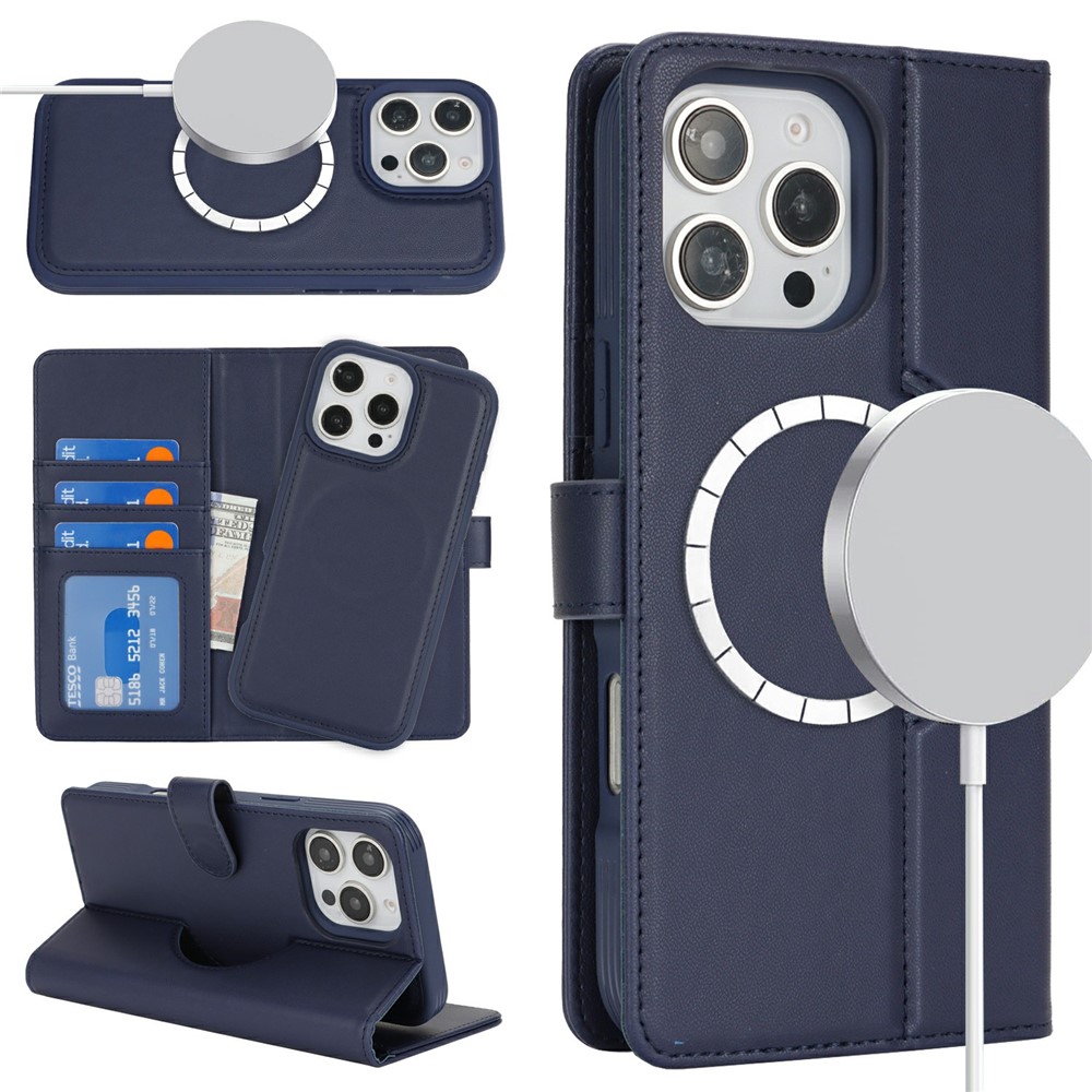 For iPhone 16 Pro Max Wallet Case Compatible with MagSafe Anti-Drop Detachable PU Leather Phone Cover - Dark Blue