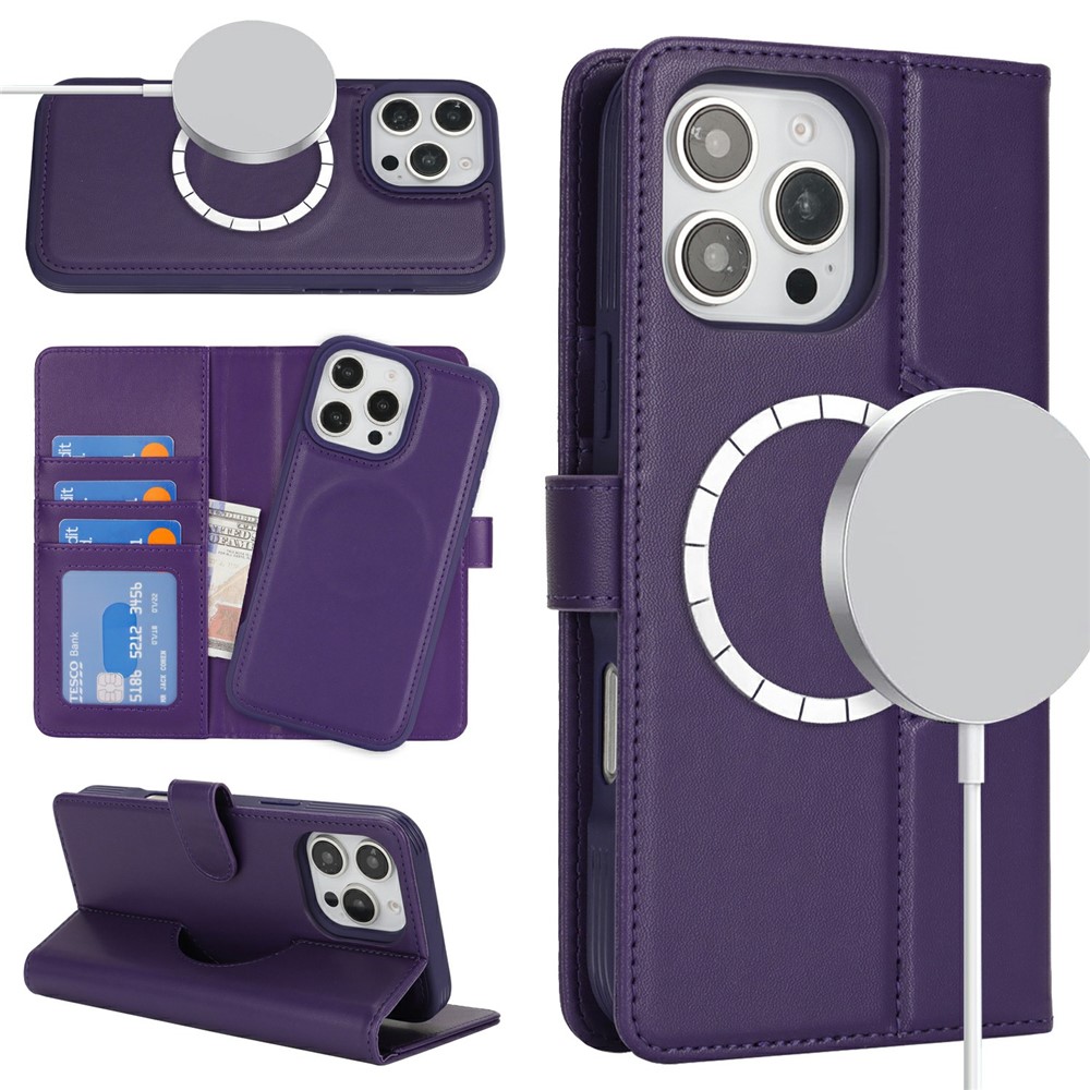 For iPhone 16 Pro Max Wallet Case Compatible with MagSafe Anti-Drop Detachable PU Leather Phone Cover - Dark Purple