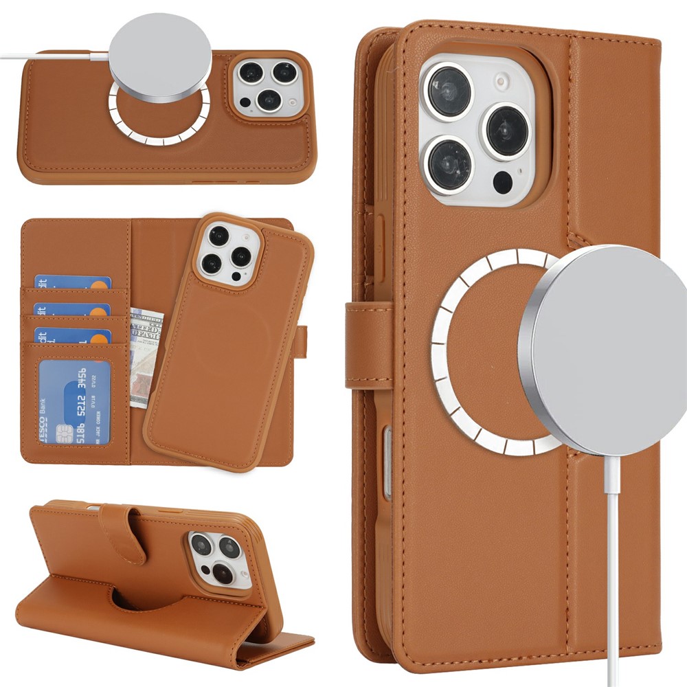 For iPhone 16 Pro Max Wallet Case Compatible with MagSafe Anti-Drop Detachable PU Leather Phone Cover - Brown