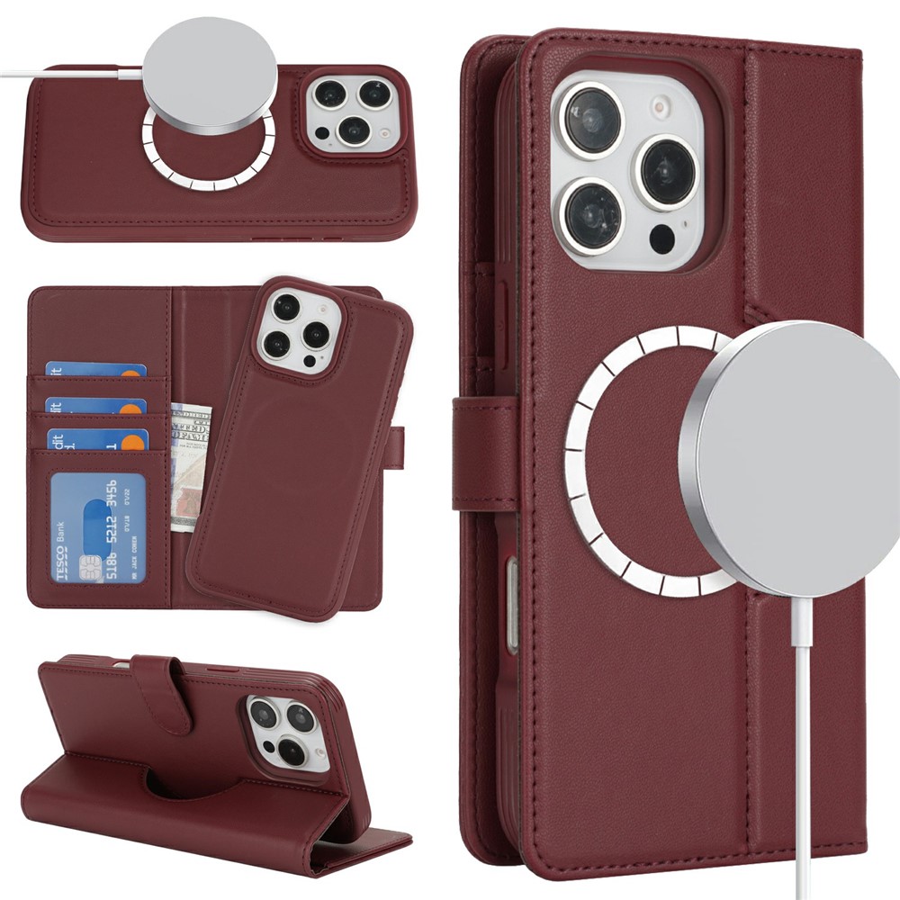For iPhone 16 Pro Max Wallet Case Compatible with MagSafe Anti-Drop Detachable PU Leather Phone Cover - Wine Red
