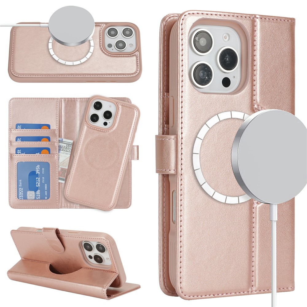 For iPhone 16 Pro Max Wallet Case Compatible with MagSafe Anti-Drop Detachable PU Leather Phone Cover - Rose Gold