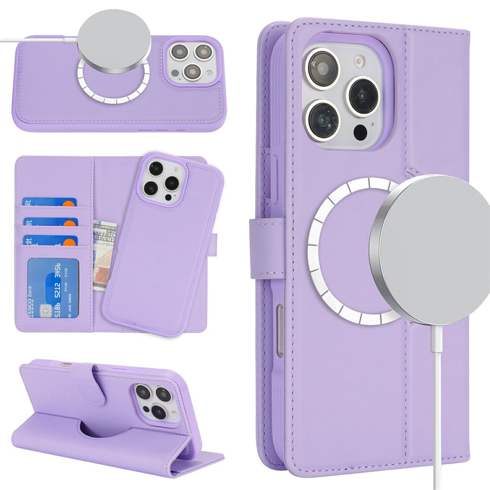For iPhone 16 Pro Max Wallet Case Compatible with MagSafe Anti-Drop Detachable PU Leather Phone Cover - Purple